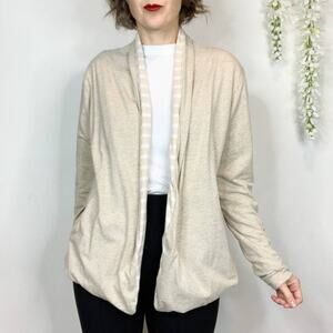 EDDIE BAUER reversible cardigan pockets beige striped academia neutral 2631